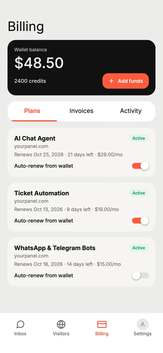 The Accesza app billing screen