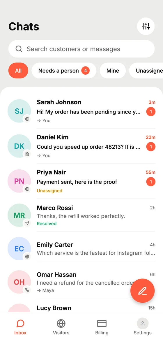 The Accesza app inbox with customer conversations