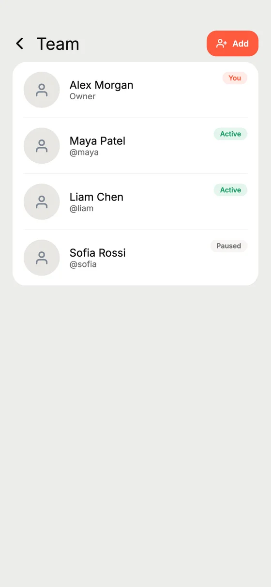 The Accesza app team screen